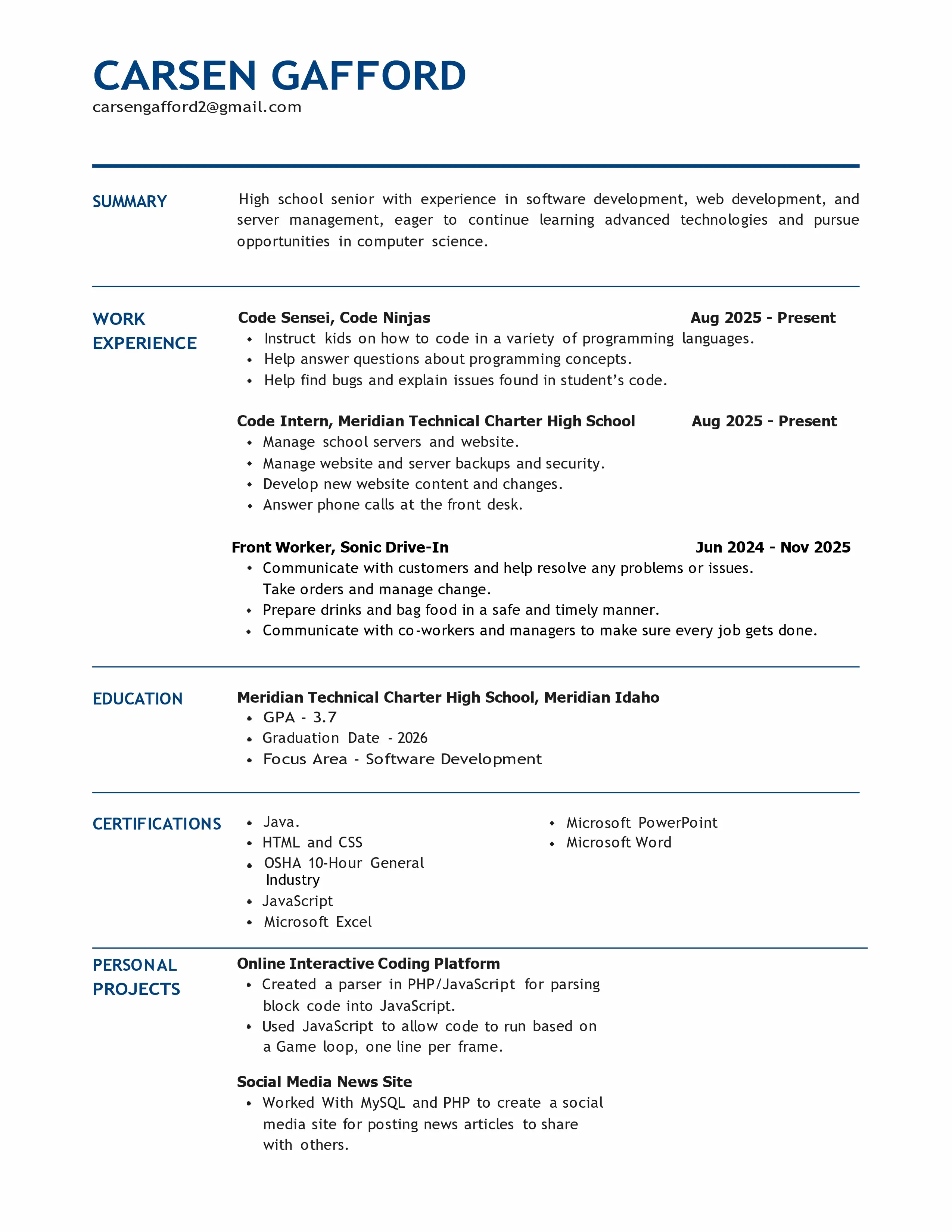 Carsen Gafford Resume